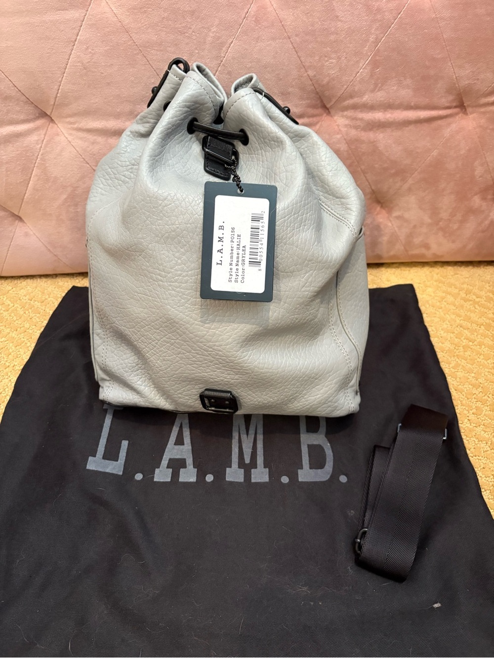 L.A.M.B. Light Gray Leather Drawstring Bucket Bag